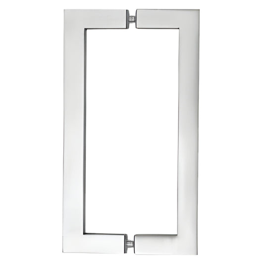 Brushed stainless 1 in square tube glass door pull handle, 18 in C-C, for 3/8-3/4 in glass (SKU SQ18X18BS)