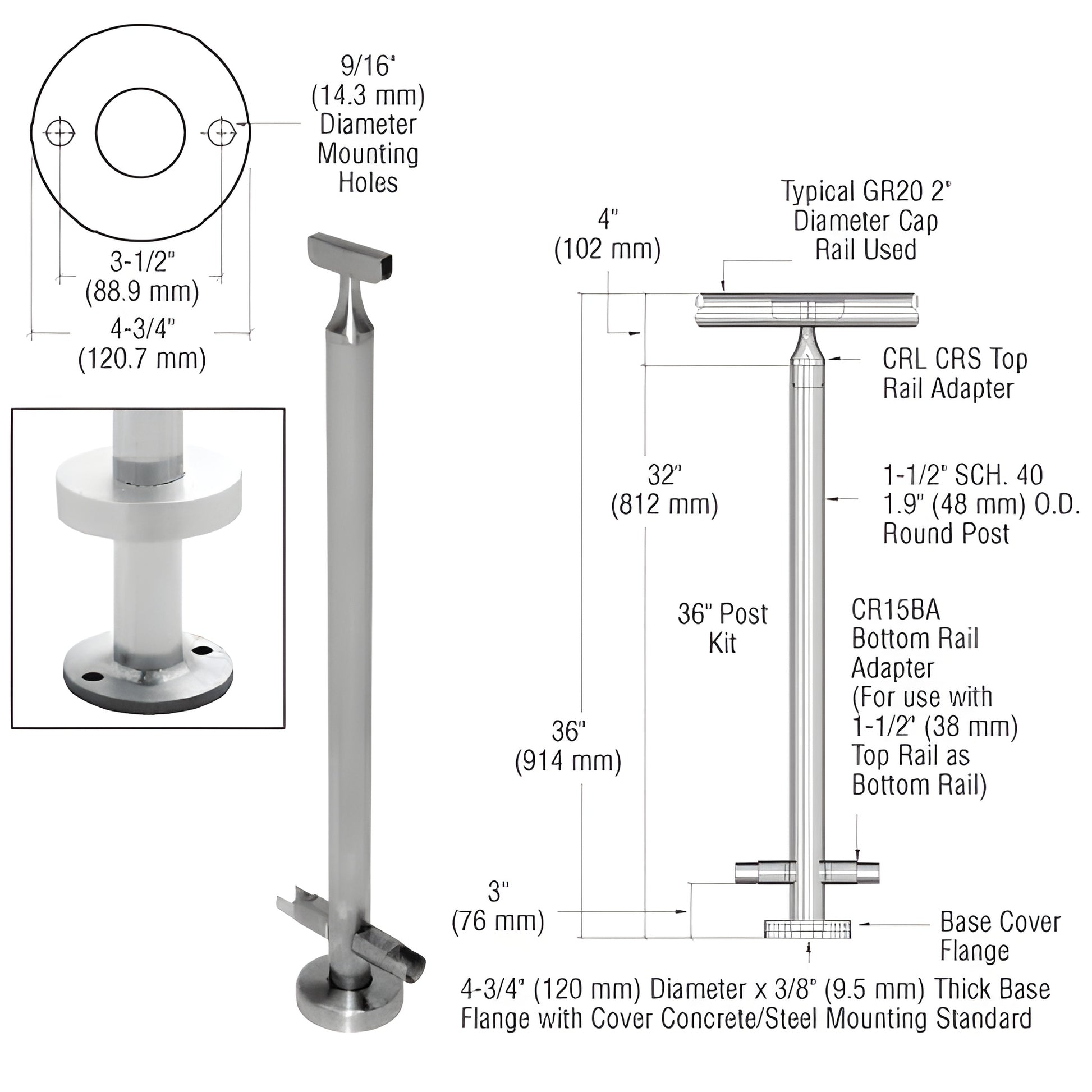 CR36CKBS 36" stainless steel surface-mounted handrail post kit with 4-3/4" base flange and top/bottom rail adapters.