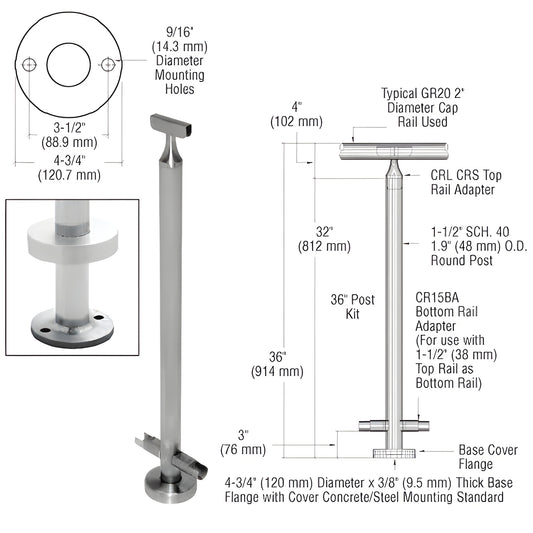 CR36CKBS 36" stainless steel surface-mounted handrail post kit with 4-3/4" base flange and top/bottom rail adapters.