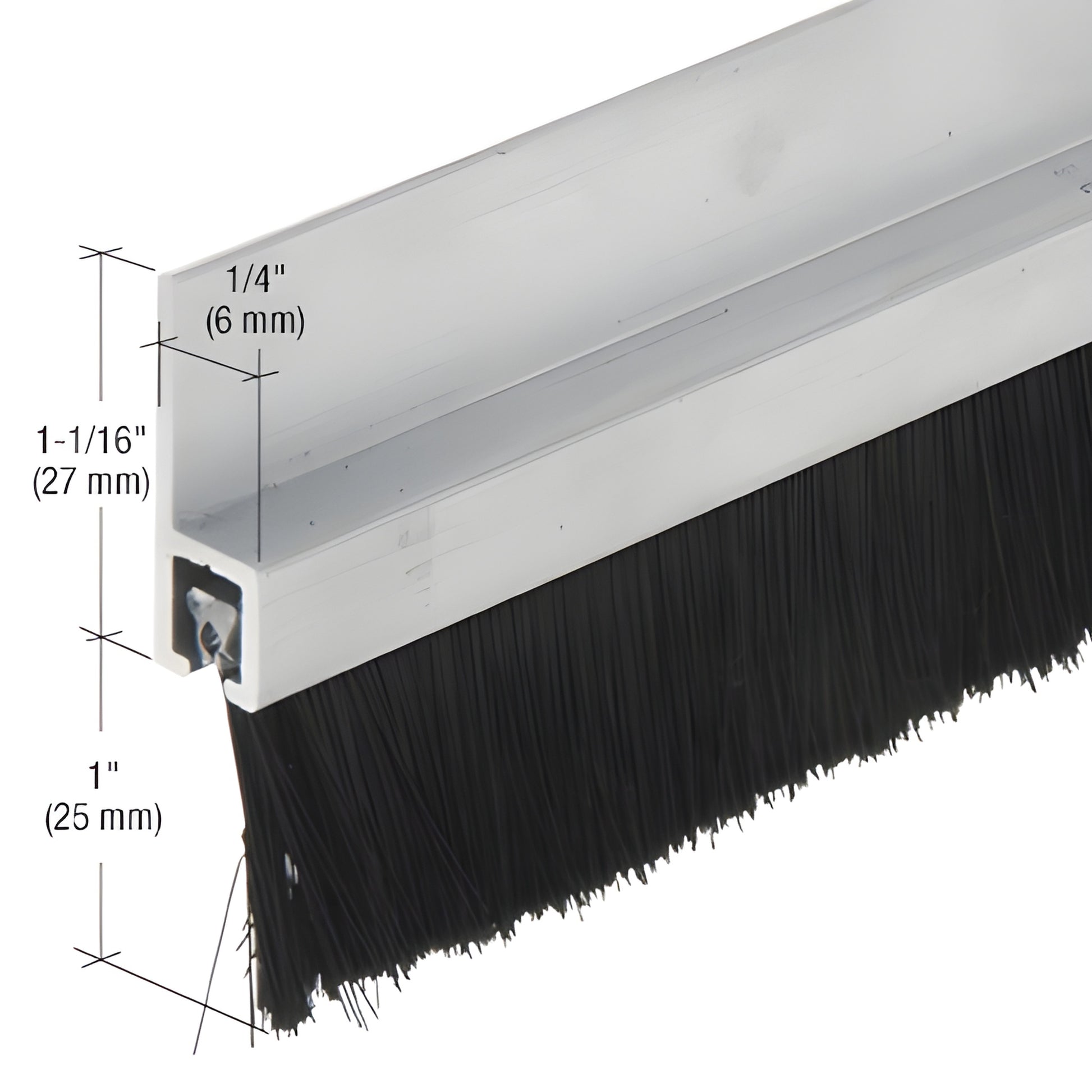 96 in aluminum extruded door sweep with 1" nylon brush weatherstrip, silver finish