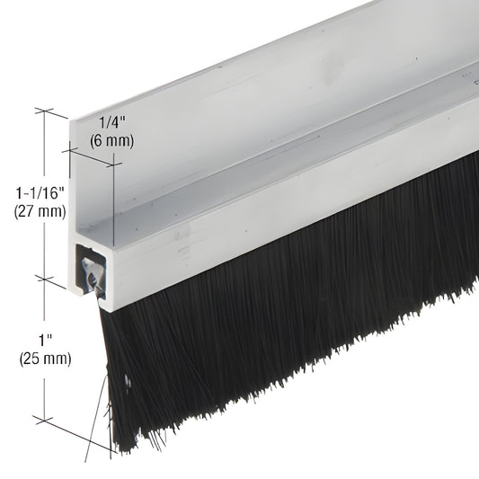 96 in aluminum extruded door sweep with 1" nylon brush weatherstrip, silver finish