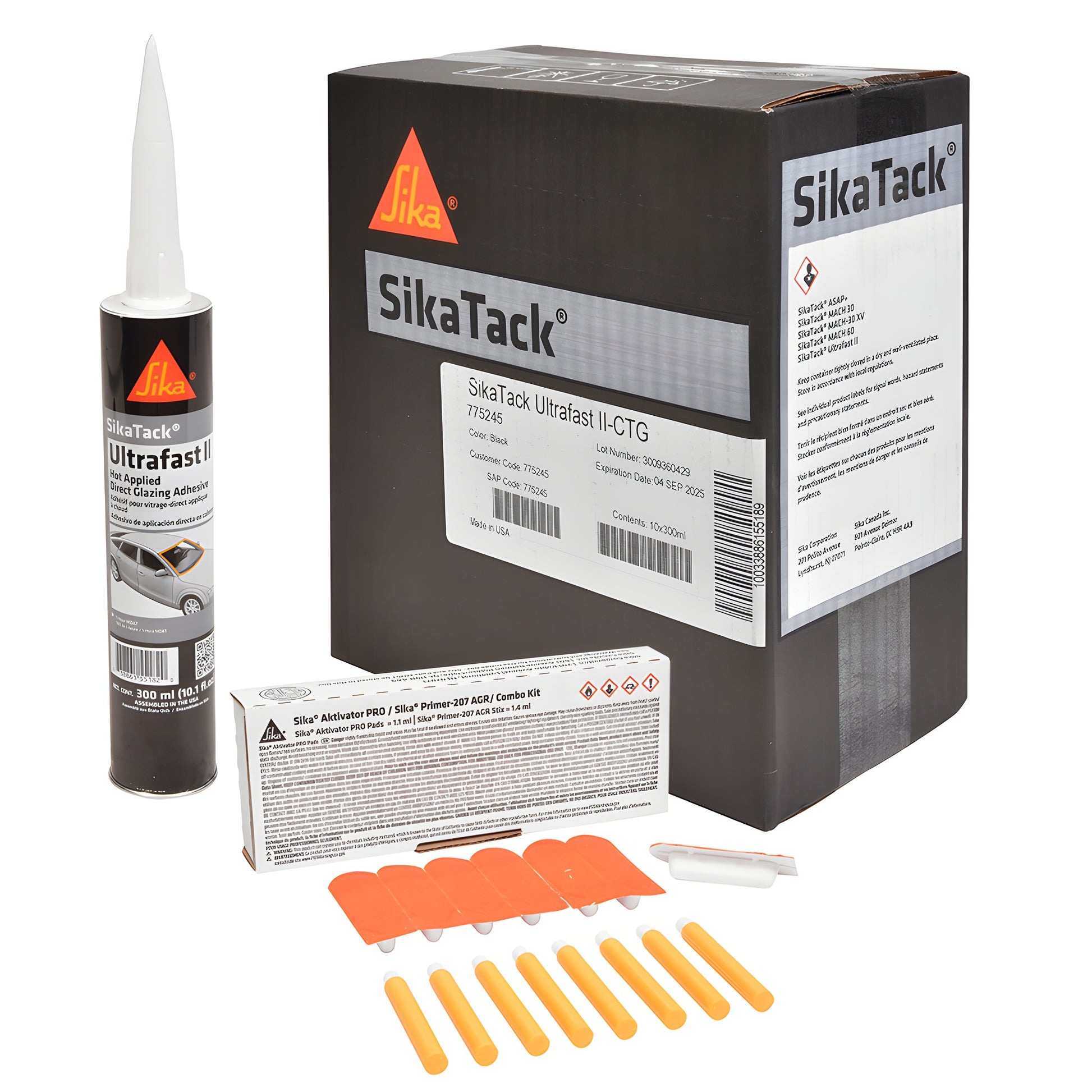 SikaTack Ultrafast II black 300 ml windshield urethane cartridge with detached white nozzle (SKU 26924P10)