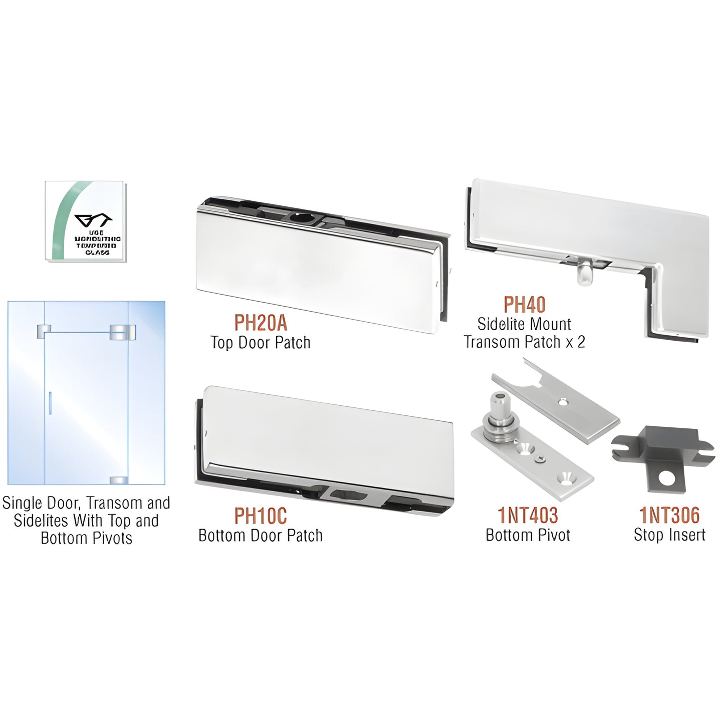 PHA5A all-glass pivot door kit - satin anodized top/bottom patches, sidelite/transom patches, bottom pivot and stop insert.