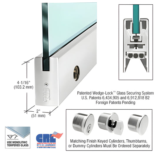 Polished stainless-steel 35 3/4 Wedge Lock square door rail for 3/8 glass, aluminum clad, includes lock (SKU DR4SPS38SL)