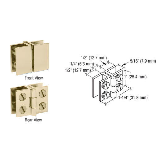 Polished brass glass-to-glass inswing hinge (SKU EH182), front/rear views, for 5-6mm glass, no drill set screw fit