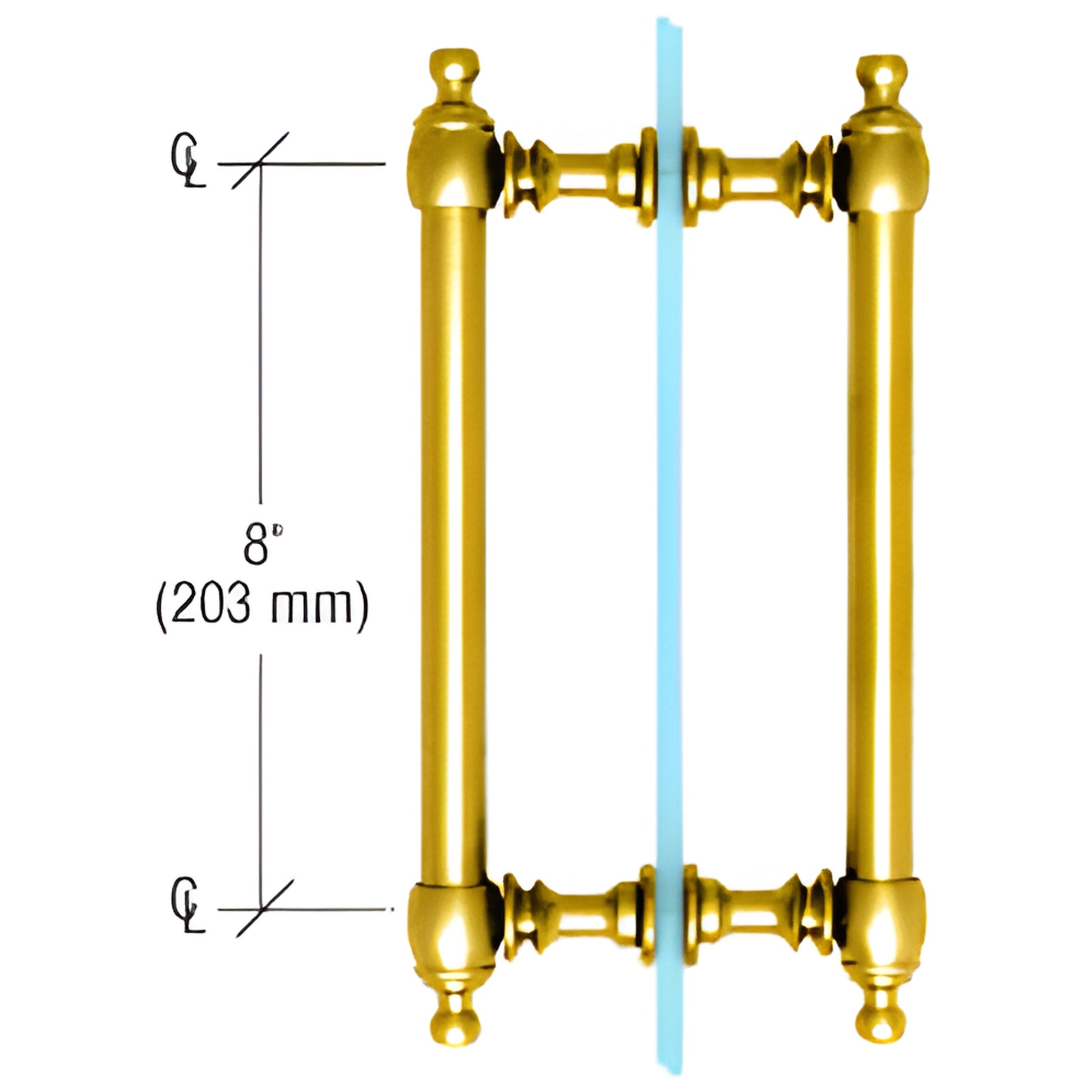 Colonial-style unlacquered brass back-to-back shower door pull, 8" c-c, fits 1/4-1/2" (6-12mm) glass, SKU C0L8X8ULBR