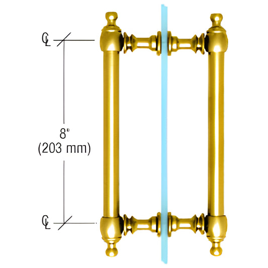 Colonial-style unlacquered brass back-to-back shower door pull, 8" c-c, fits 1/4-1/2" (6-12mm) glass, SKU C0L8X8ULBR