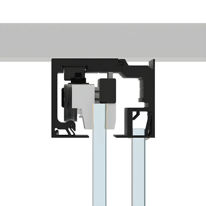 CRL6901MBL matte black ceiling/ wall mount sliding door track with frameless tempered glass panels.