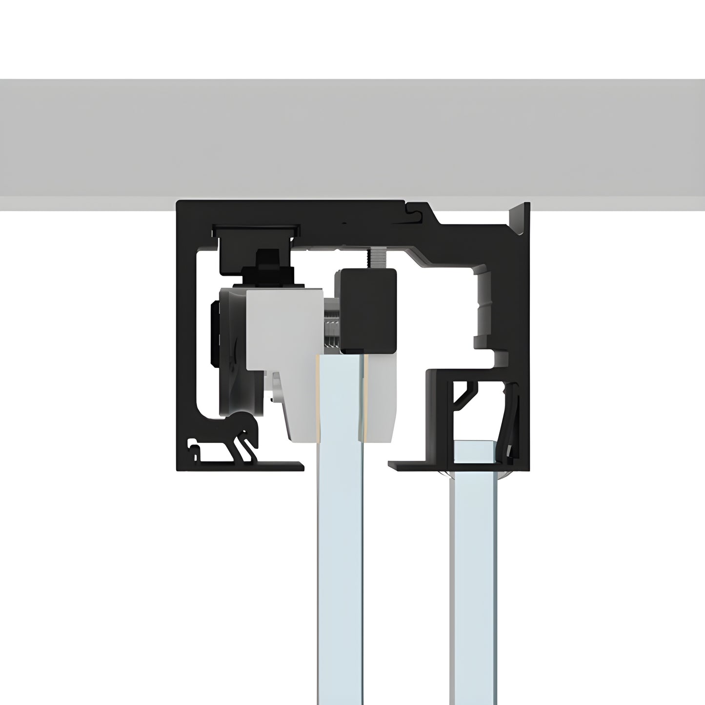 Matte black CRL6951MBL frameless sliding door top track and glass panel.