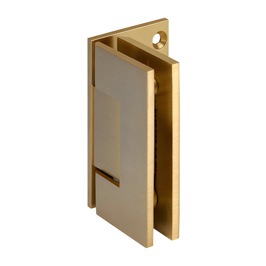 Satin brass solid brass Vienna shower door hinge (V1E044SB) for 3/8 to 1/2 in tempered glass, squared design