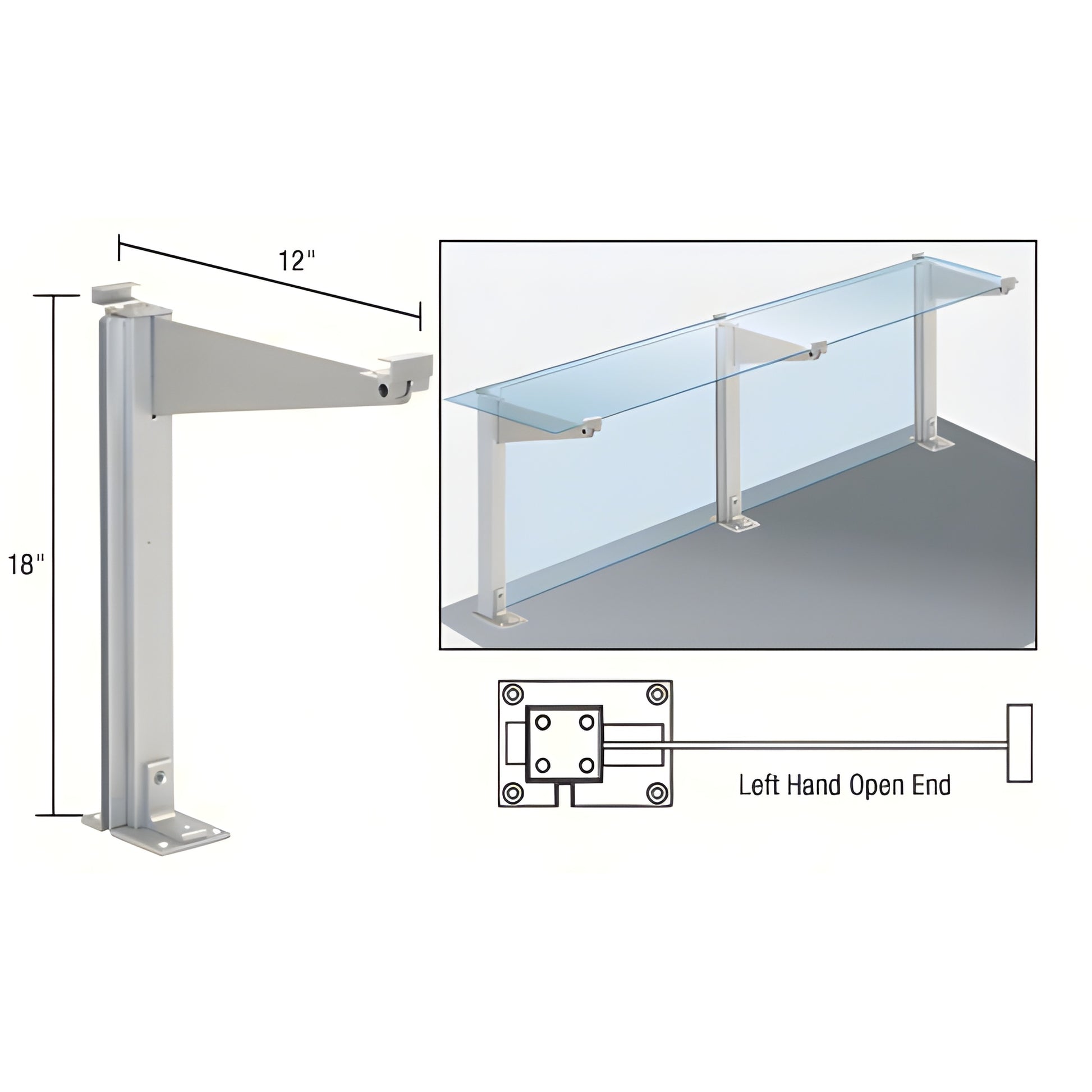 Satin anodized aluminum D995 counter partition post, 18in high with 12in top shelf support, left-hand open end