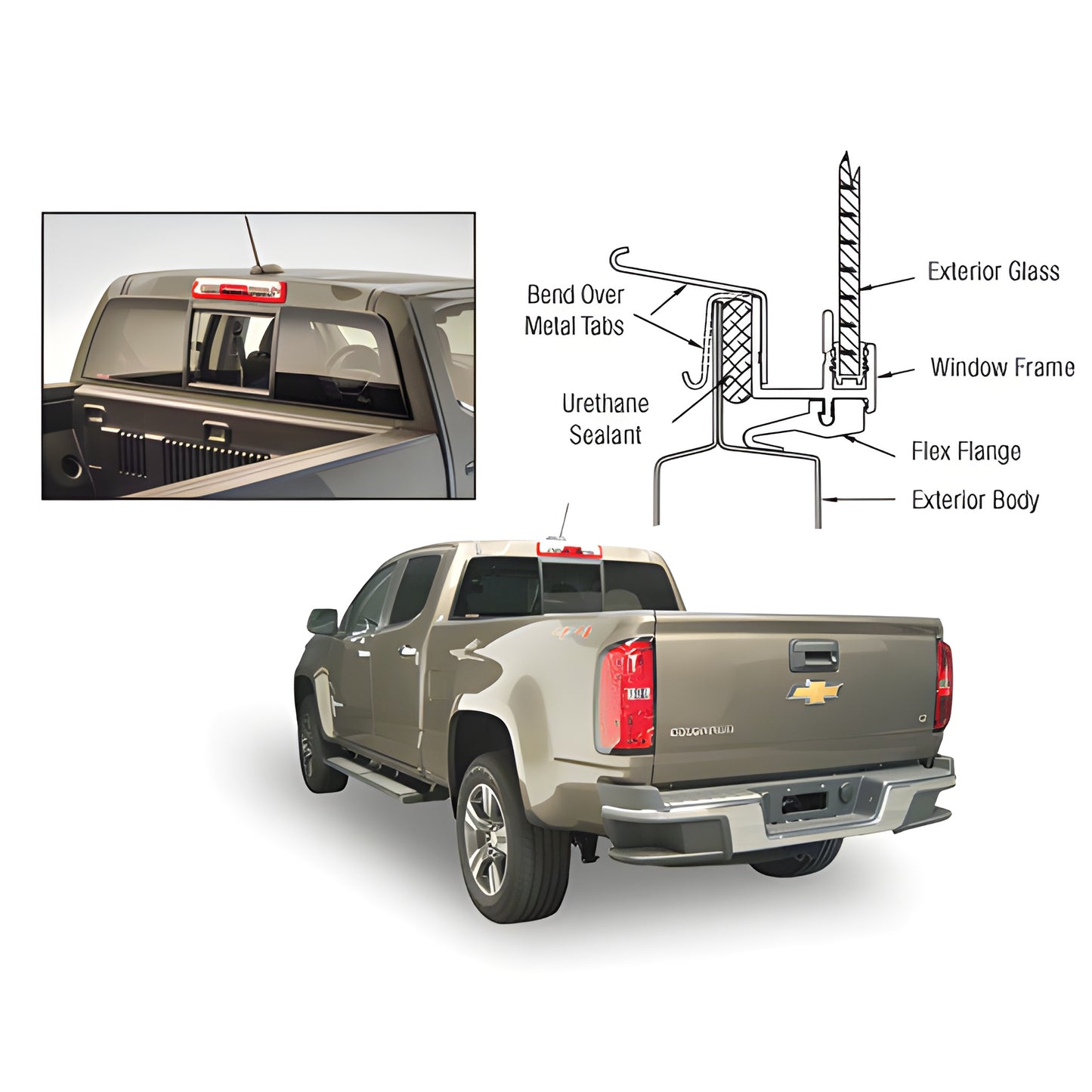 CRL ECT815S tri-vent truck slider (solar glass) fitted on 2015-2019 Chevy/GMC Colorado/Canyon, contoured flex-flange frame.