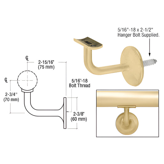 HR20B4SB satin brass concealed wall handrail bracket, 2-15/16 in (75 mm) projection, fits 1.9-2 in round rails.