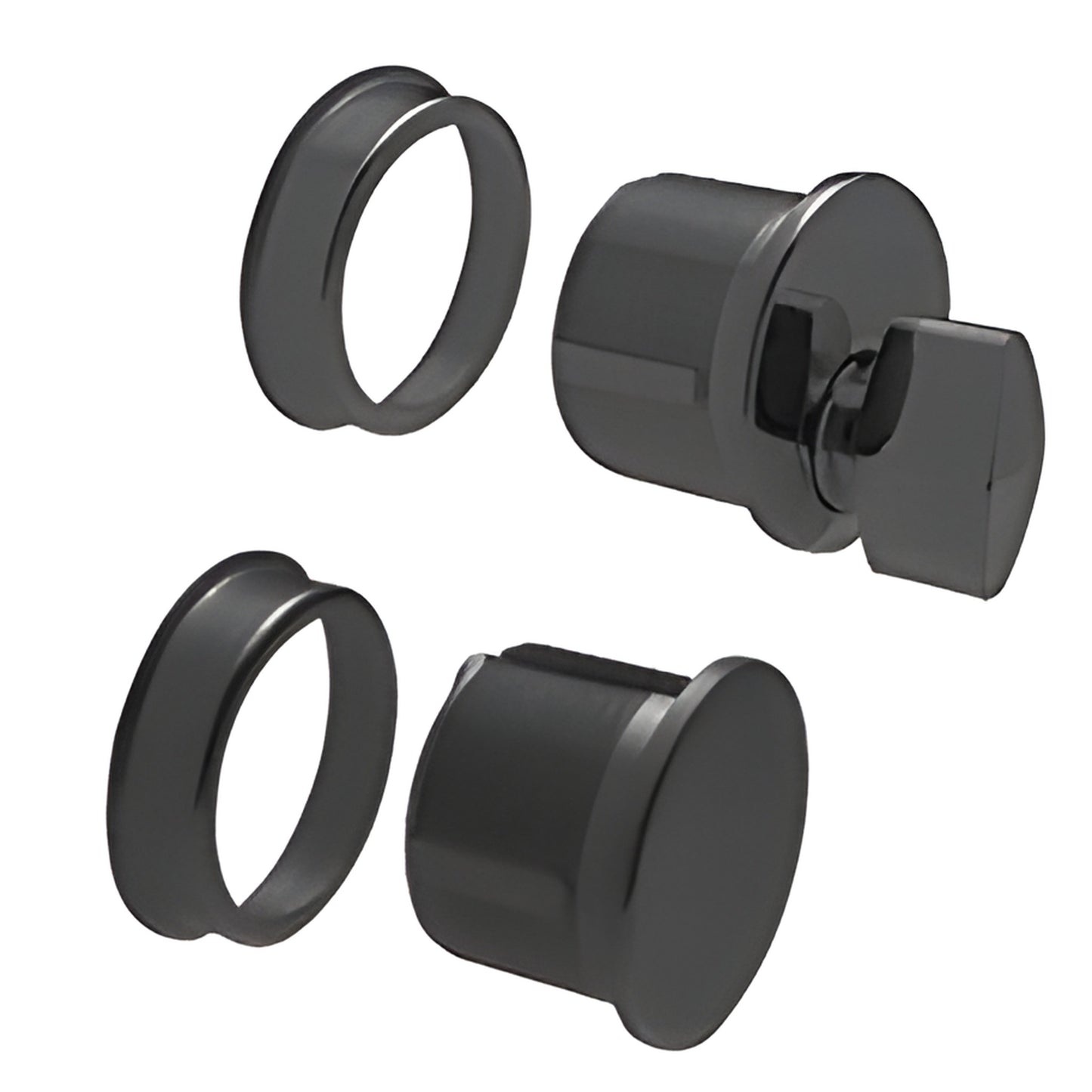 Matte black mortise cylinder combo (DRA2030MBL) with thumbturn, dummy cylinder and trim rings for glass door bottom rail.