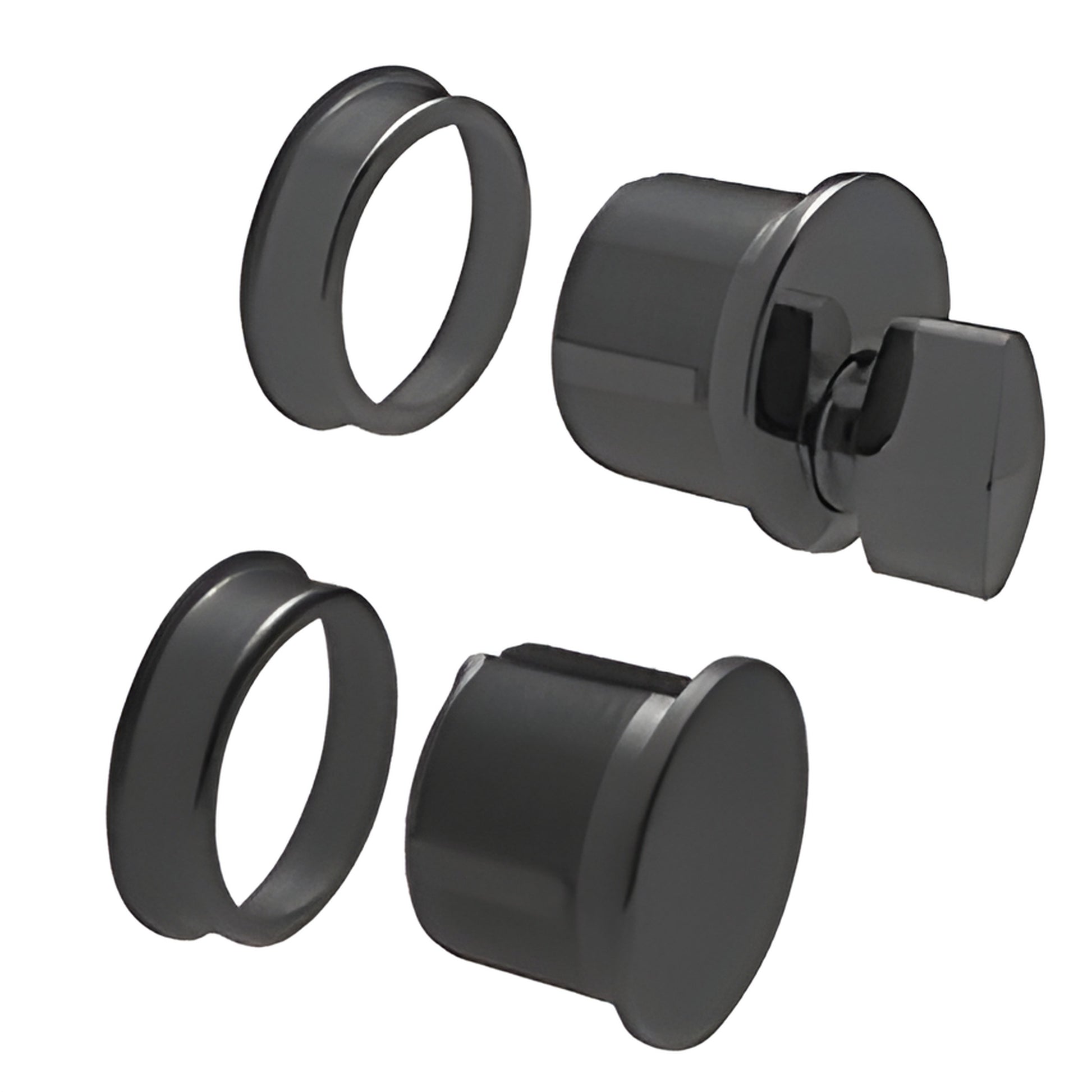 Matte black mortise cylinder combo (DRA2030MBL) with thumbturn, dummy cylinder and trim rings for glass door bottom rail.