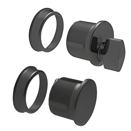 Matte black mortise cylinder combo (DRA2030MBL) with thumbturn, dummy cylinder and trim rings for glass door bottom rail.