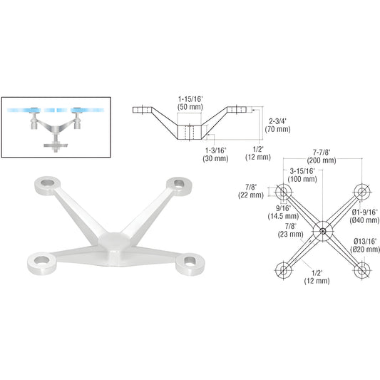 CRL PMH4PS stainless steel four arm center post fitting for 2 inline glass panels, fits glass up to 27 mm; includes stud.