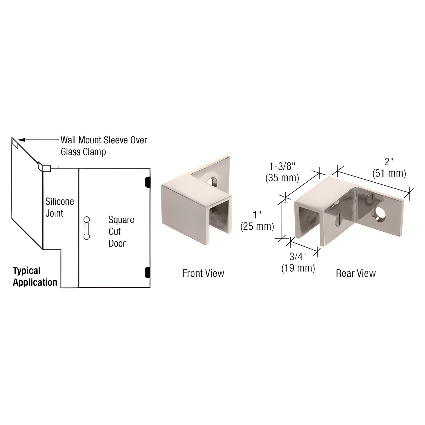Polished nickel wall-mount sleeve-over-glass clamp (left hand) for 8-12mm glass, solid brass, SKU S0GC37LPN