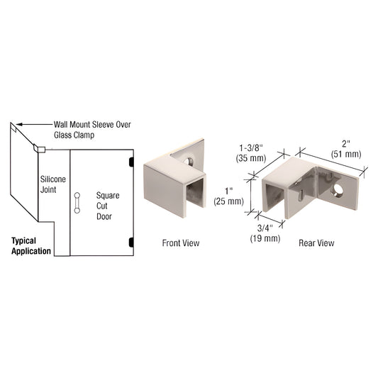 Polished nickel wall-mount sleeve-over-glass clamp (left hand) for 8-12mm glass, solid brass, SKU S0GC37LPN