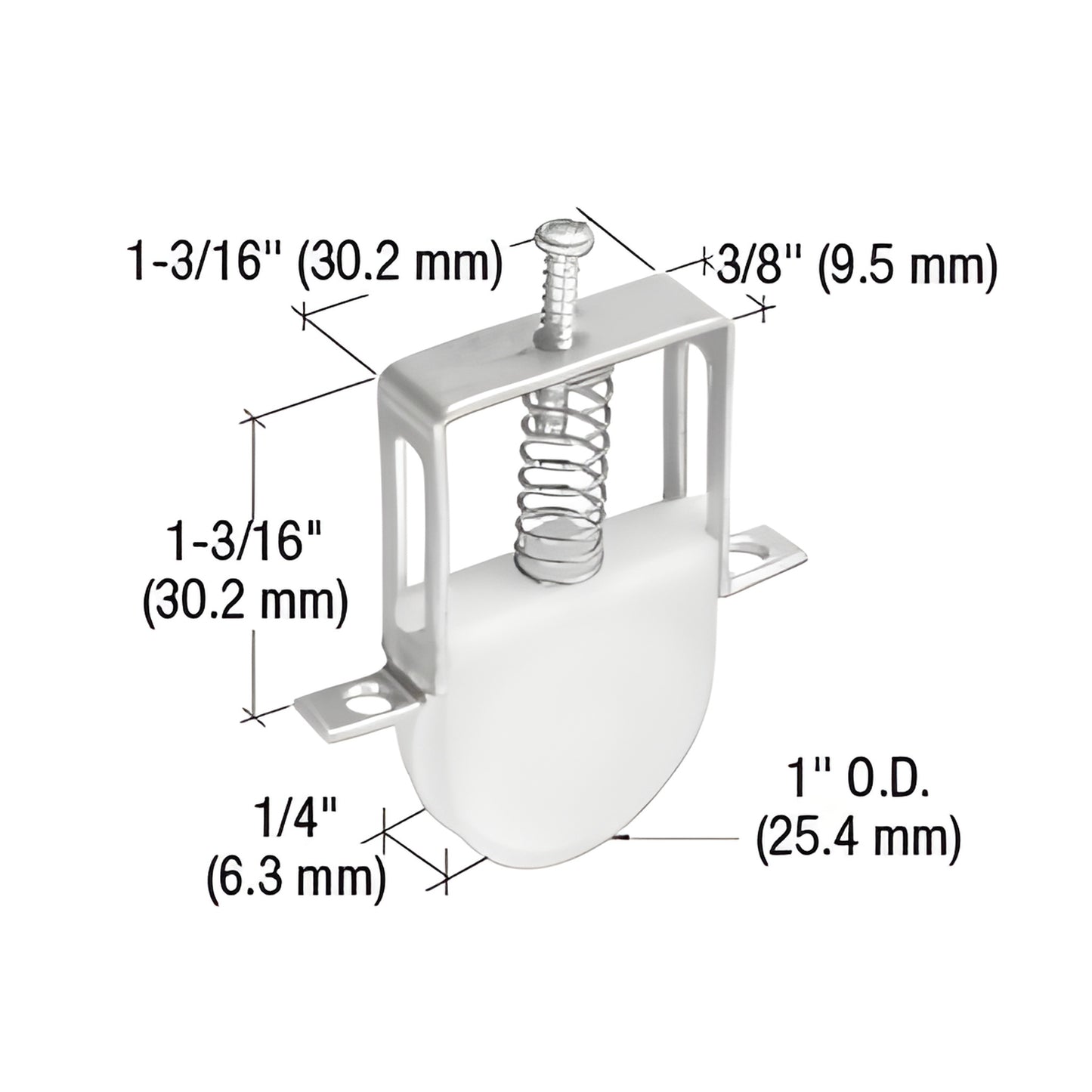 B530 Columbia sliding screen door bottom roller assembly - aluminum housing, adjustable spring, 1" nylon concave wheel (1/4"