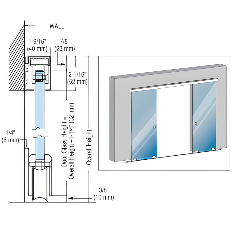 GSDH2BS brushed stainless steel 118" sliding glass door kit - top/bottom tracks, rollers for 8-12mm tempered glass, supports