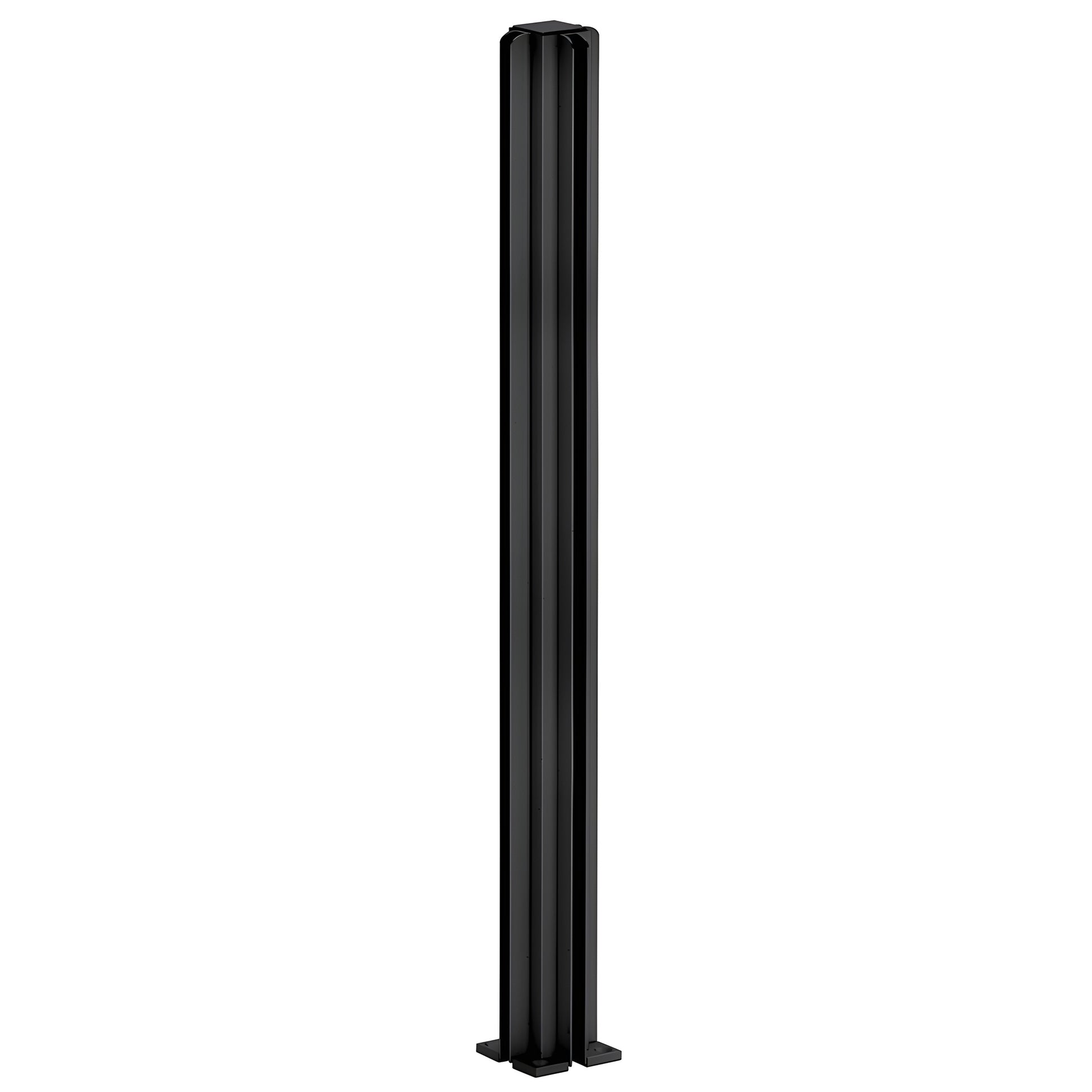 D990BL303W semi-gloss black 3-way aluminum partition post, 30 in. tall with glazing channels and square base.