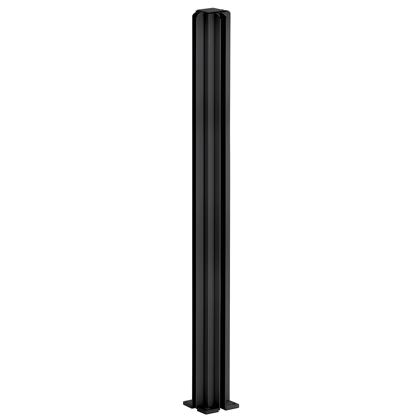 D990BL304W: semi-gloss black 4-way aluminum partition post, 30 in tall, 1-1/8" square tube with glazing channels and base.