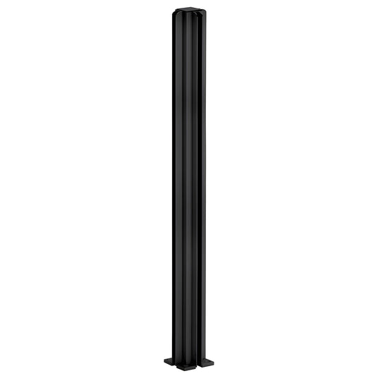 D990BL304W: semi-gloss black 4-way aluminum partition post, 30 in tall, 1-1/8" square tube with glazing channels and base.