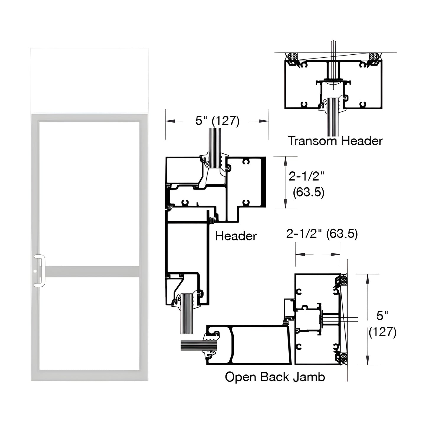 White Kynar transom door frame, SKU 0P61552 - butt-hinged impact frame with air-resistant threshold.