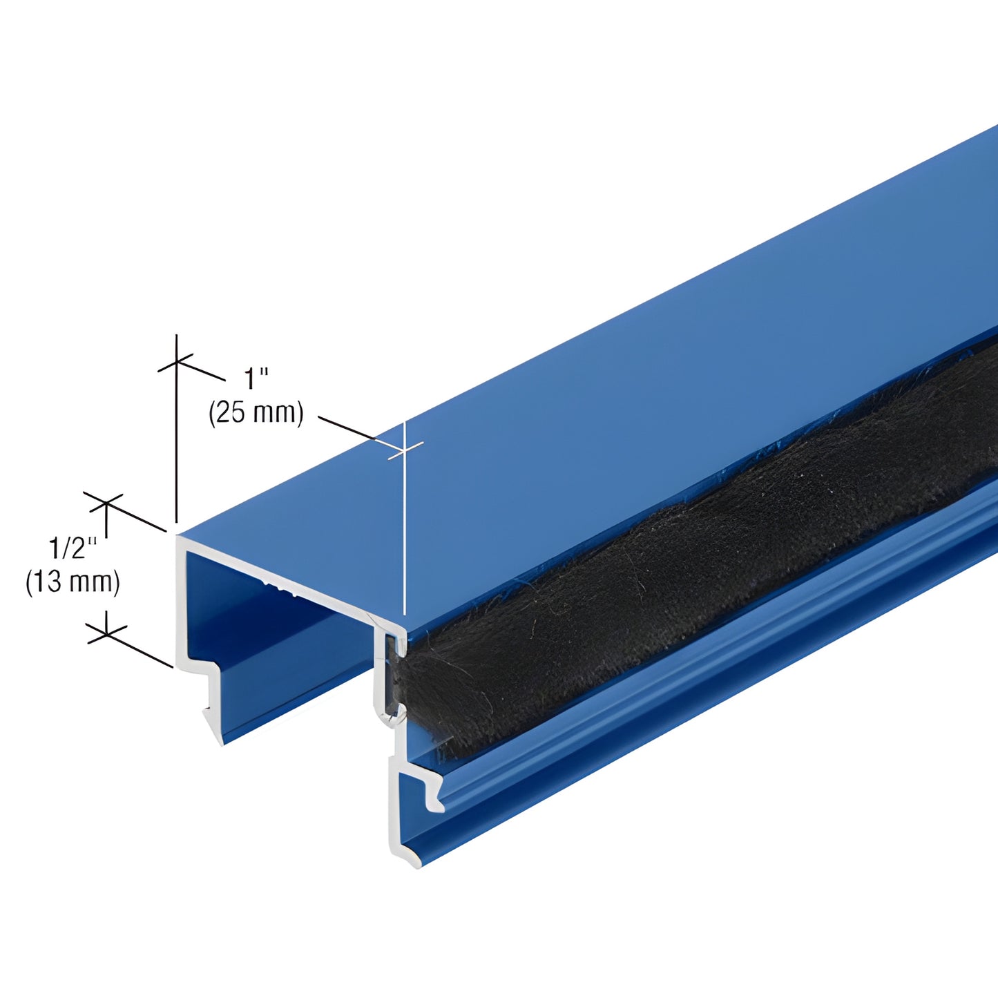 Blue extruded aluminum glazing sill (SKU DS04771) with black weatherstrip, 1" x 1/2" profile, Kynar finish