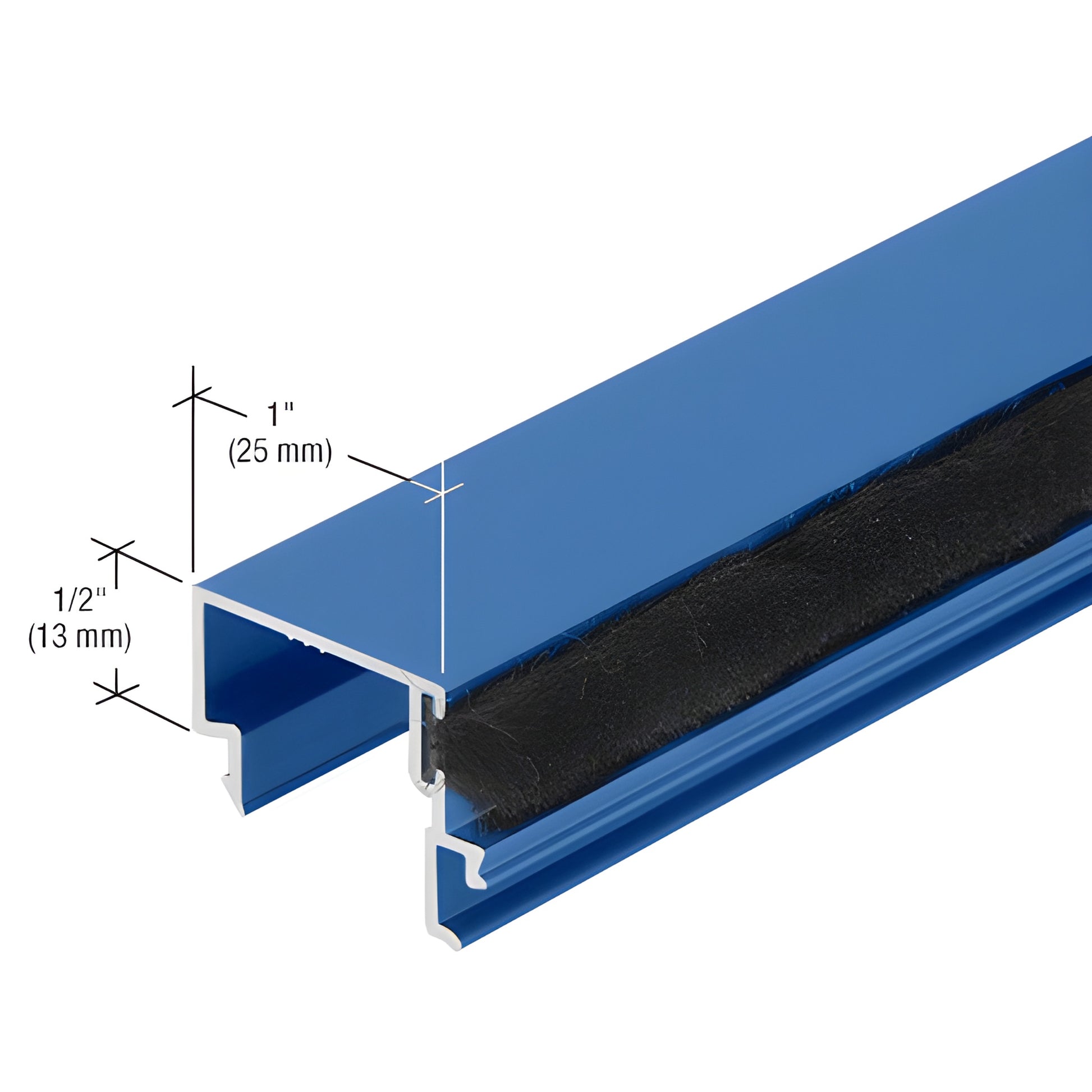 Blue extruded aluminum glazing sill (SKU DS04771) with black weatherstrip, 1" x 1/2" profile, Kynar finish