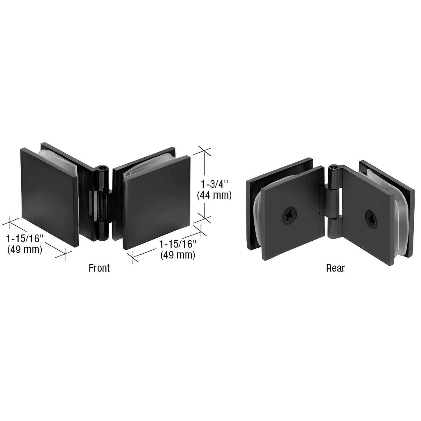 Matte black adjustable glass-to-glass brass clamp for 8-12 mm (5/16-1/2") glass, joins 90-180 panels. SKU ADJSQ180MBL
