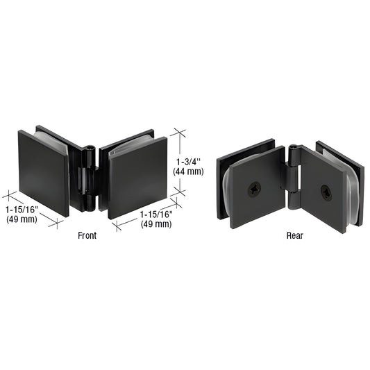 Matte black adjustable glass-to-glass brass clamp for 8-12 mm (5/16-1/2") glass, joins 90-180 panels. SKU ADJSQ180MBL