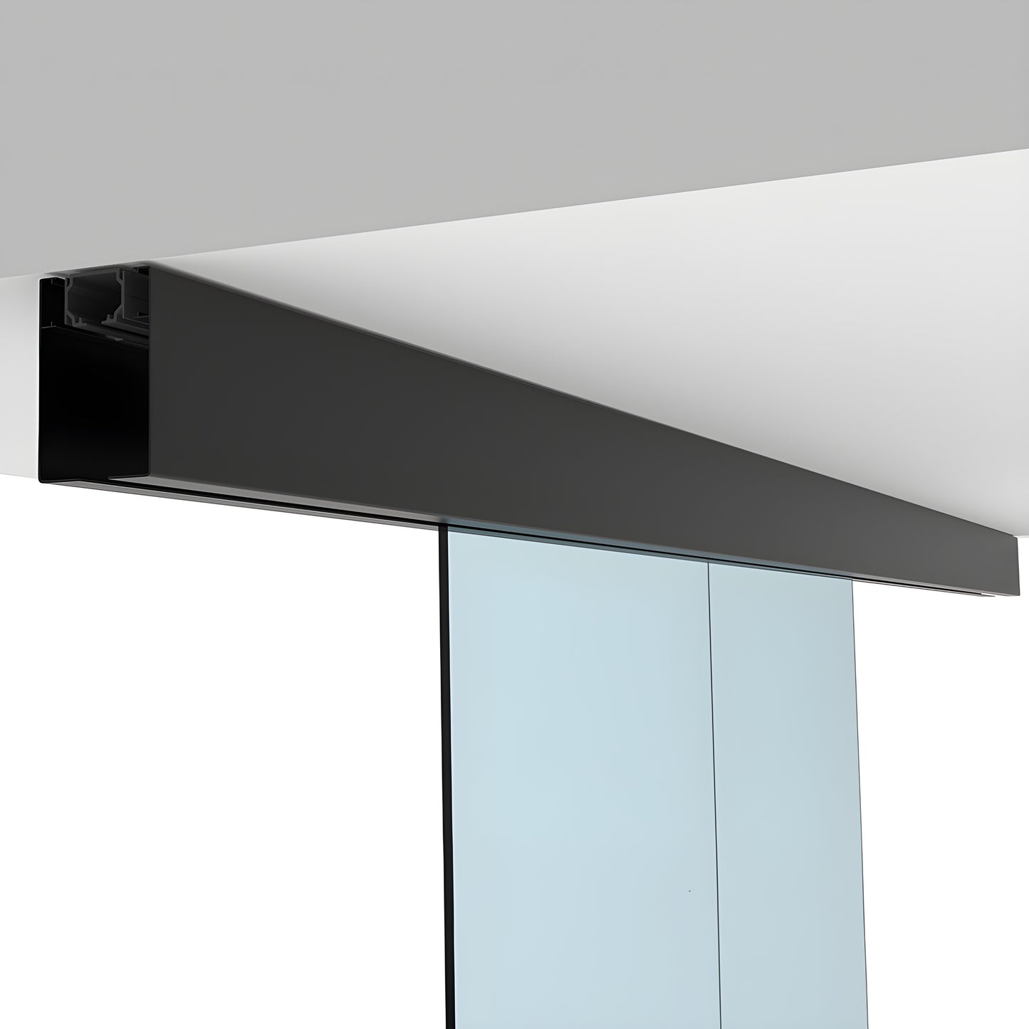 Matte-black ceiling-mounted CRL50 synchronized dual-panel sliding glass door track kit (fits 8mm tempered insulated glass)