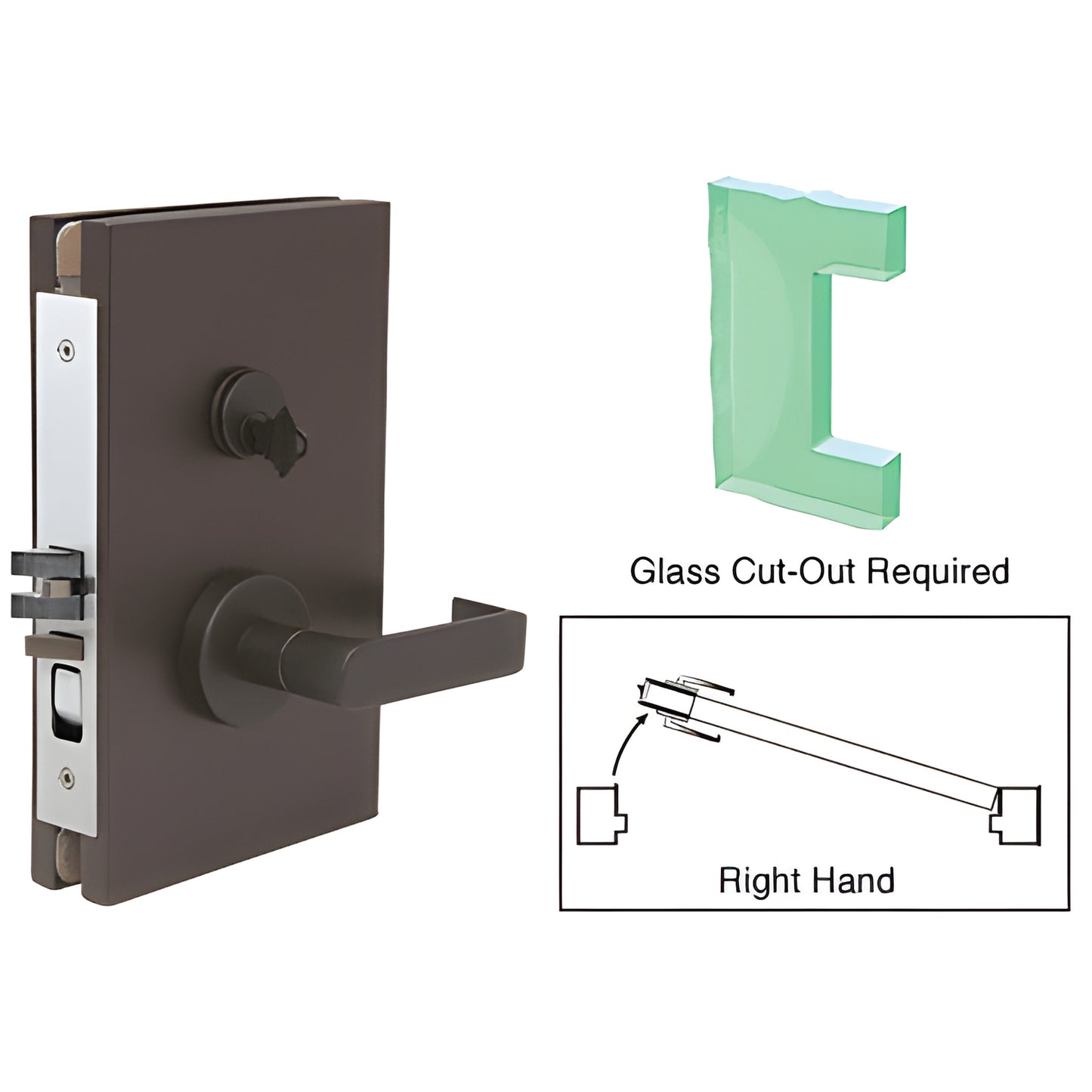 Black bronze anodized 6x10 deadlatch center lock for 1/2 in. tempered glass doors, right-hand (SKU DL610R0DU)