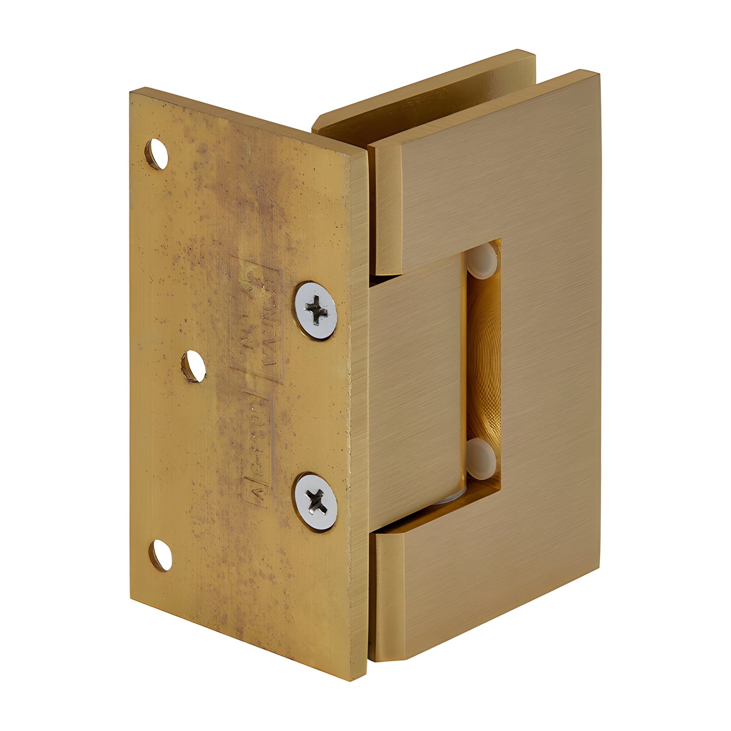 Satin brass solid brass Vienna shower door hinge (V1E044SB) for 3/8 to 1/2 in tempered glass, squared design