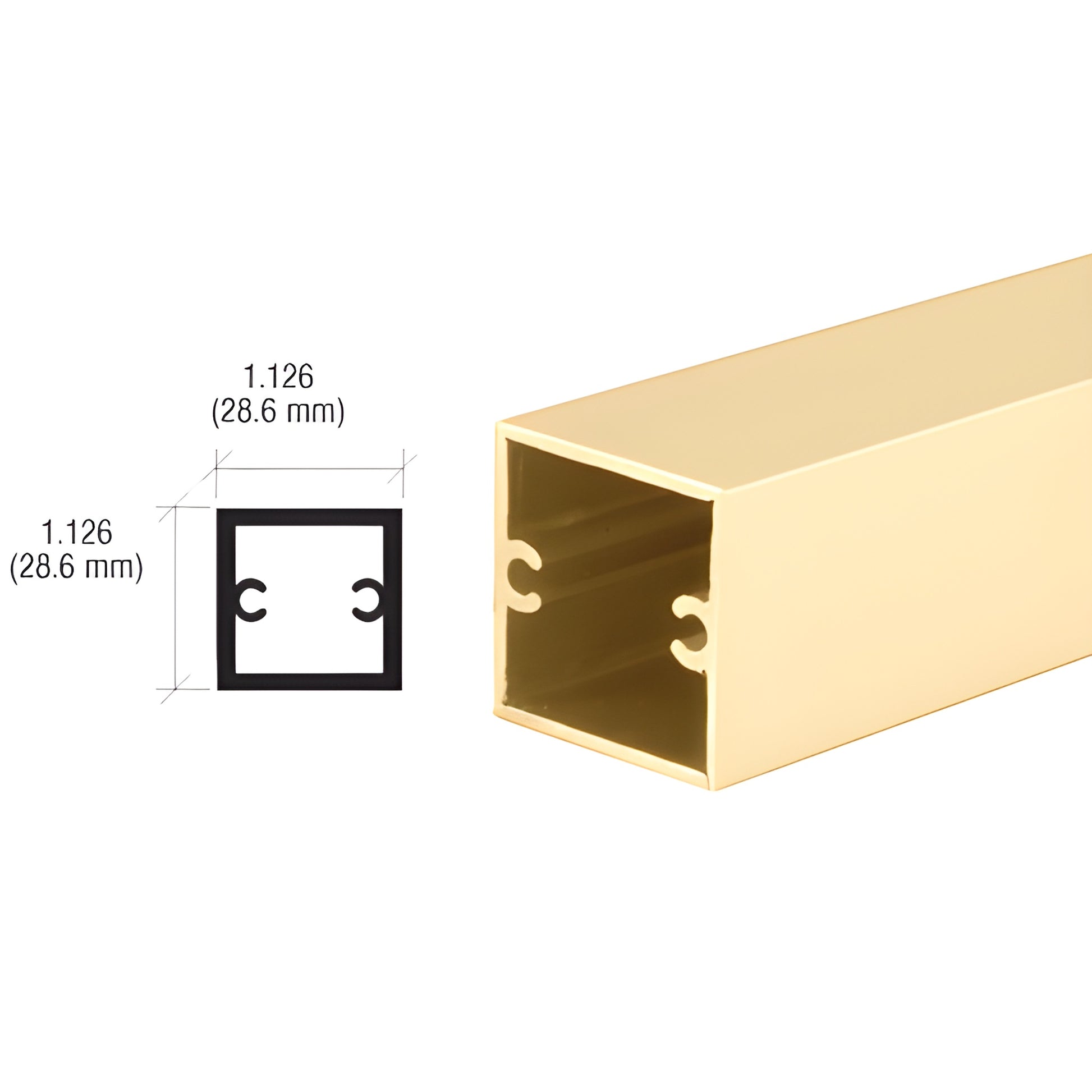 D630BGA brite gold anodized 1.126" (28.6mm) square aluminum partition post stock, 12 ft, extruded tube with cross section vie