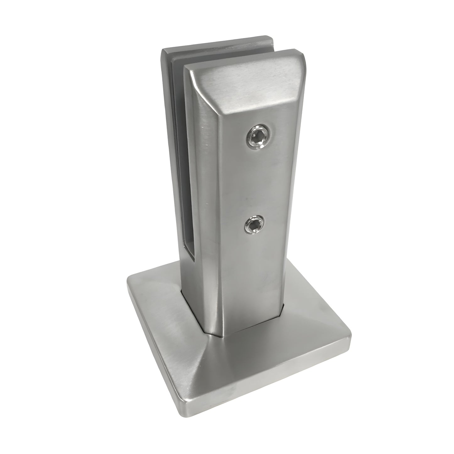FWCS22BS stainless steel surface-mount glass spigot, brushed finish, square base, friction-fit slot for 12mm glass.