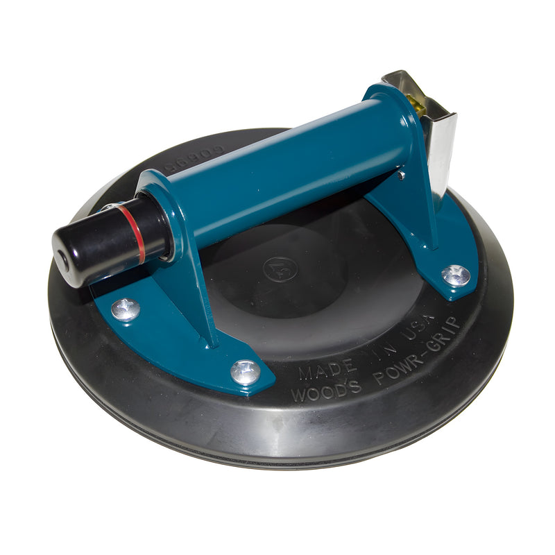 An 8-inch Wood's Powr-Grip vacuum cup with a teal metal handle and black rubber suction base for non-porous surfaces.