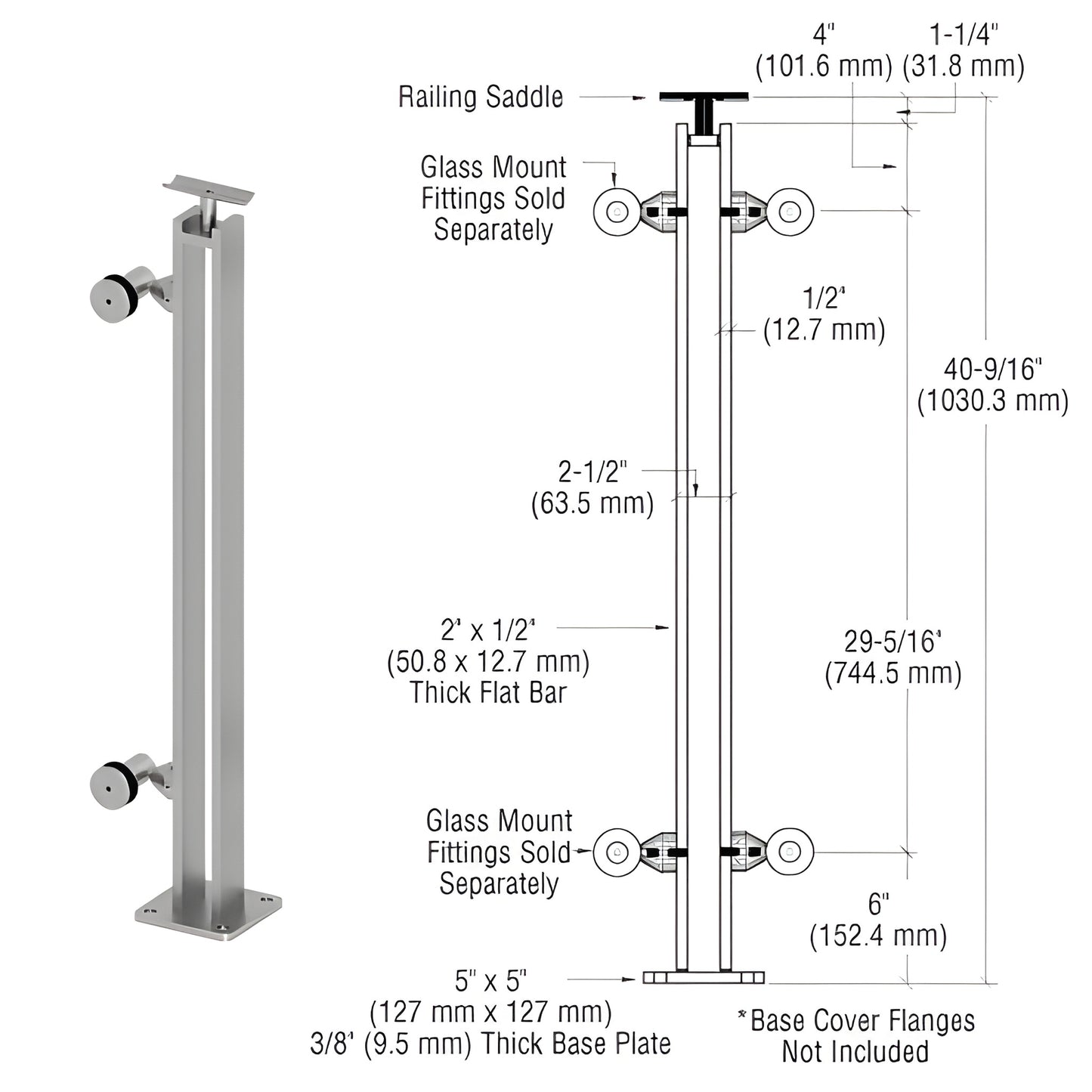 P8F42EBS stainless steel surface-mounted post railing kit with 5 5 base plate and top saddle for 1/2-1" glass panels.