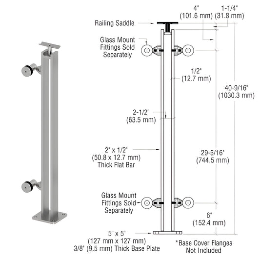 P8F42EBS stainless steel surface-mounted post railing kit with 5 5 base plate and top saddle for 1/2-1" glass panels.