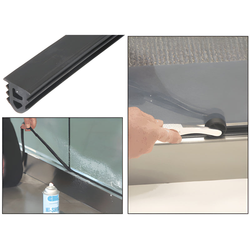 Black EPDM top rubber gasket roll (LBSG100), 100 ft, for railing base shoe - shown installed and rolled into pocket.