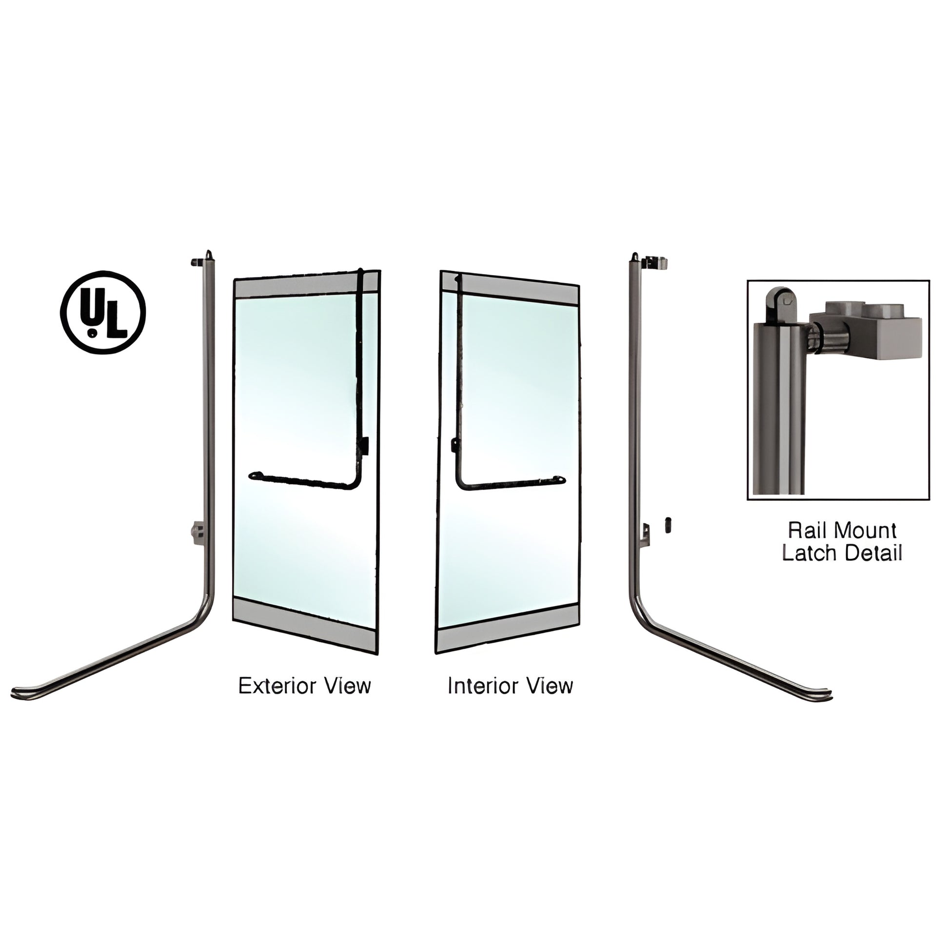 Oil-rubbed bronze CRL Blumcraft panic rail handle for 3/4" glass doors, 1-1/4" diameter, exterior/interior views and latch de
