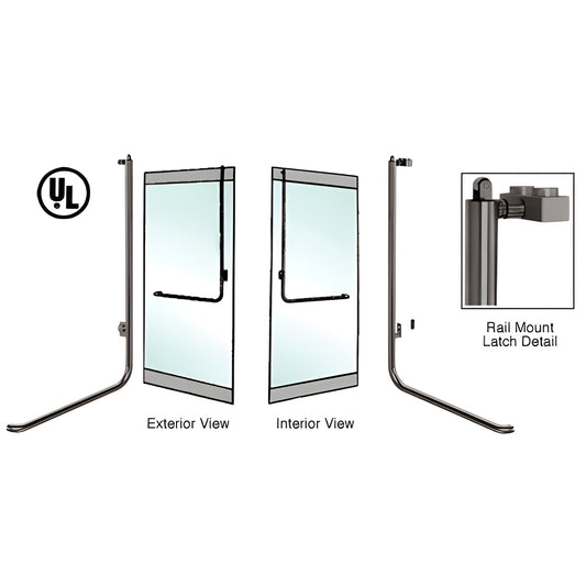 Oil-rubbed bronze CRL Blumcraft panic rail handle for 3/4" glass doors, 1-1/4" diameter, exterior/interior views and latch de