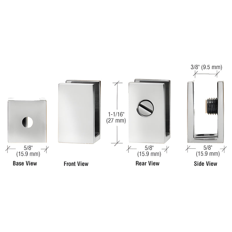 EH30 polished chrome brass single set-screw glass clamp, 5/8" x 1-1/16", for 1/4-5/16" (6-8mm) glass.