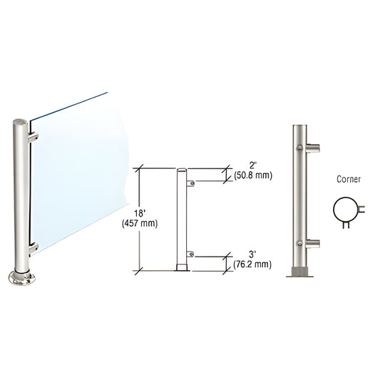 PP45LPS: 18" polished stainless steel round corner partition post with flat cap, adhesive round flange, fits 1/4-3/8" glass.