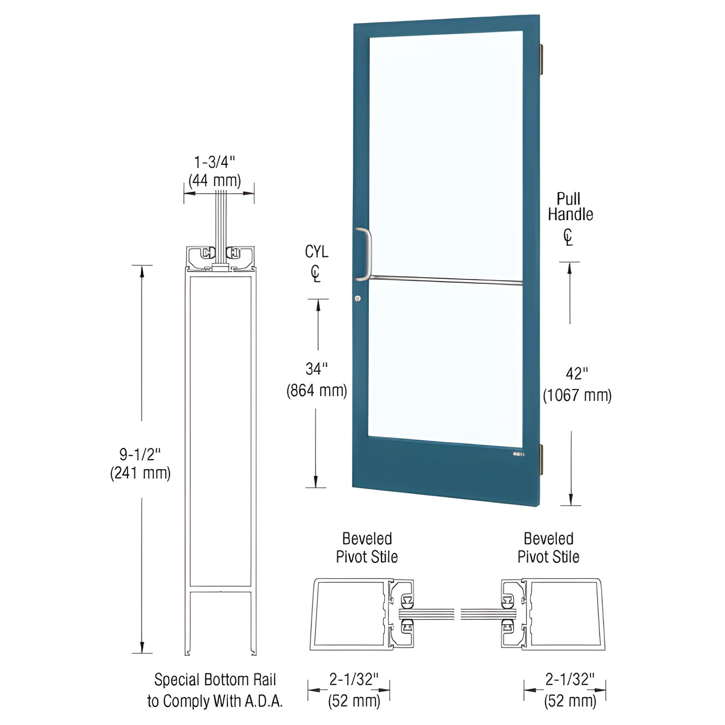 CRL narrow-stile commercial entrance door SKU CD21571, custom Kynar blue frame with tempered glass and ADA bottom rail.
