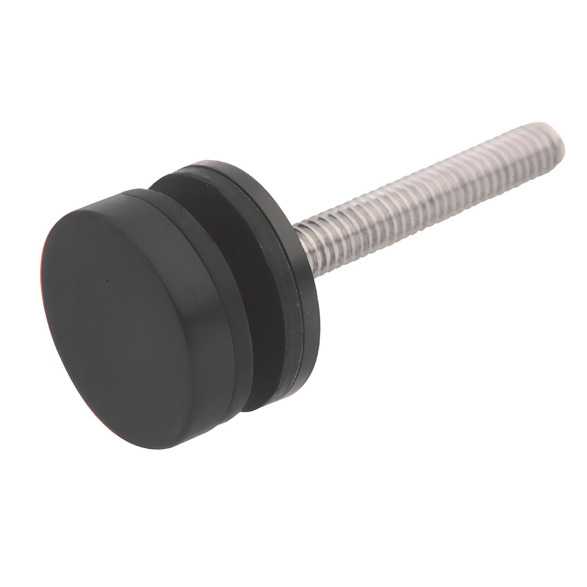 Matte black 1-1/4" cap and metal/plastic washers on 5/16"-18 threaded stud for commercial door pulls.