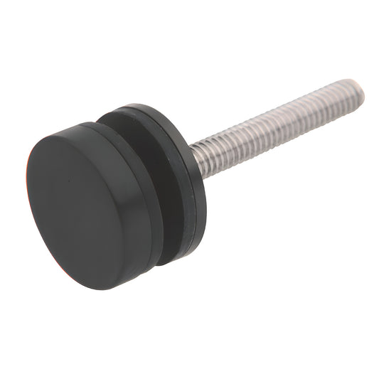 Matte black 1-1/4" cap and metal/plastic washers on 5/16"-18 threaded stud for commercial door pulls.