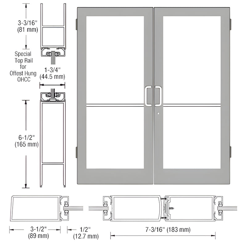 CRL DC42411 medium-style double entrance door, clear anodized finish, 31 2" stiles, 61 2" bottom rail, glass panels (glass not in